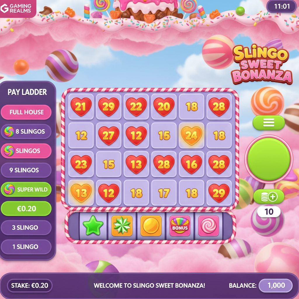 Slingo Sweet Bonanza - grilă bingo 5x5 cu bomboane dulci inimă roșie, simboluri wild lime verzi, bomboane rainbow și tărâm de zahăr roz