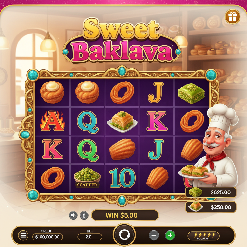 Sweet Baklava slot cu patiser prietenos, cofetărie turcească caldă, simboluri de baclava aurie, tăvi de dulciuri orientale și cadru ornamental auriu pe fundal violet
