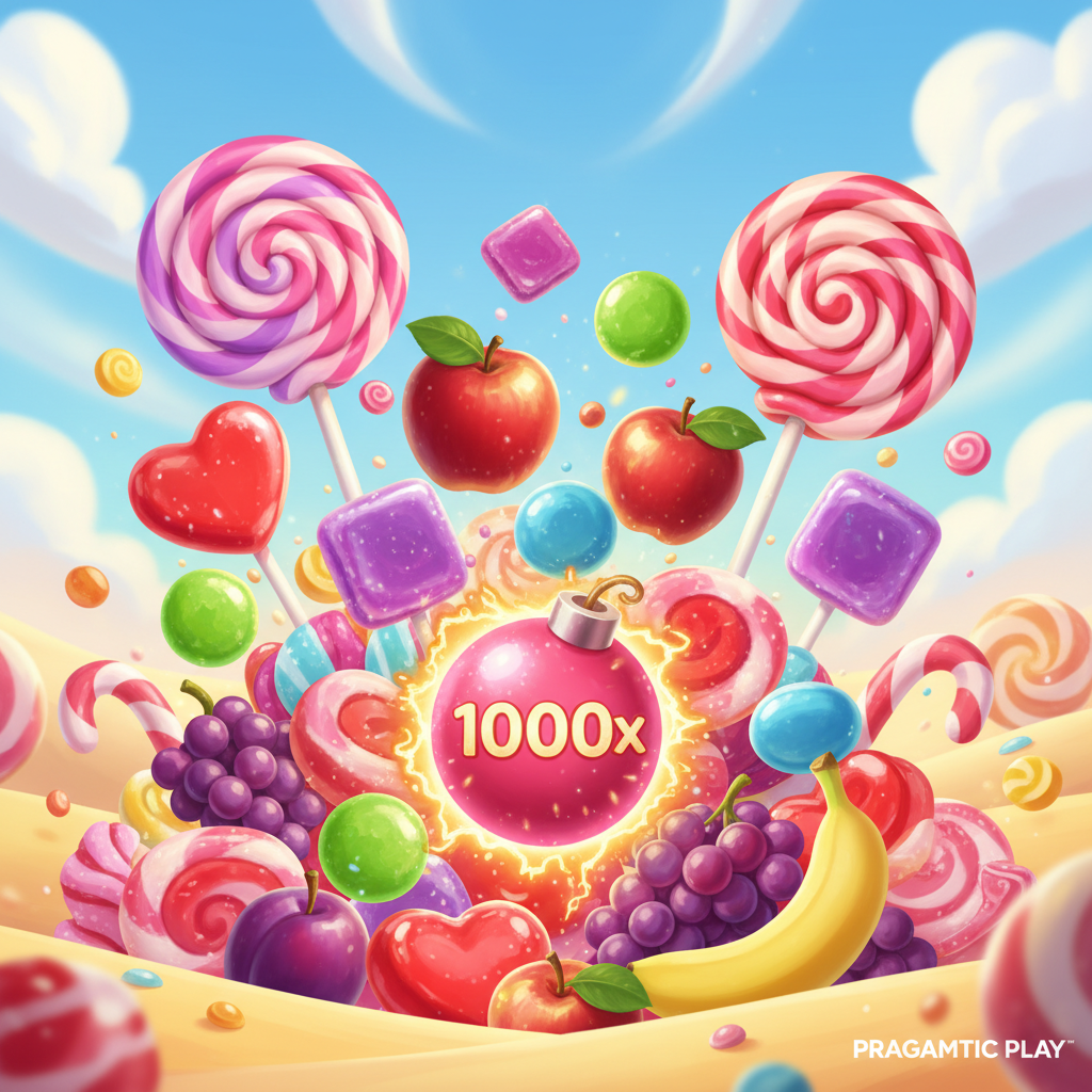 Sweet Bonanza 1000 slot cu dulciuri colorate, bomboane, acadele spiralate și fructe pe fundal deșert cu cer albastru
