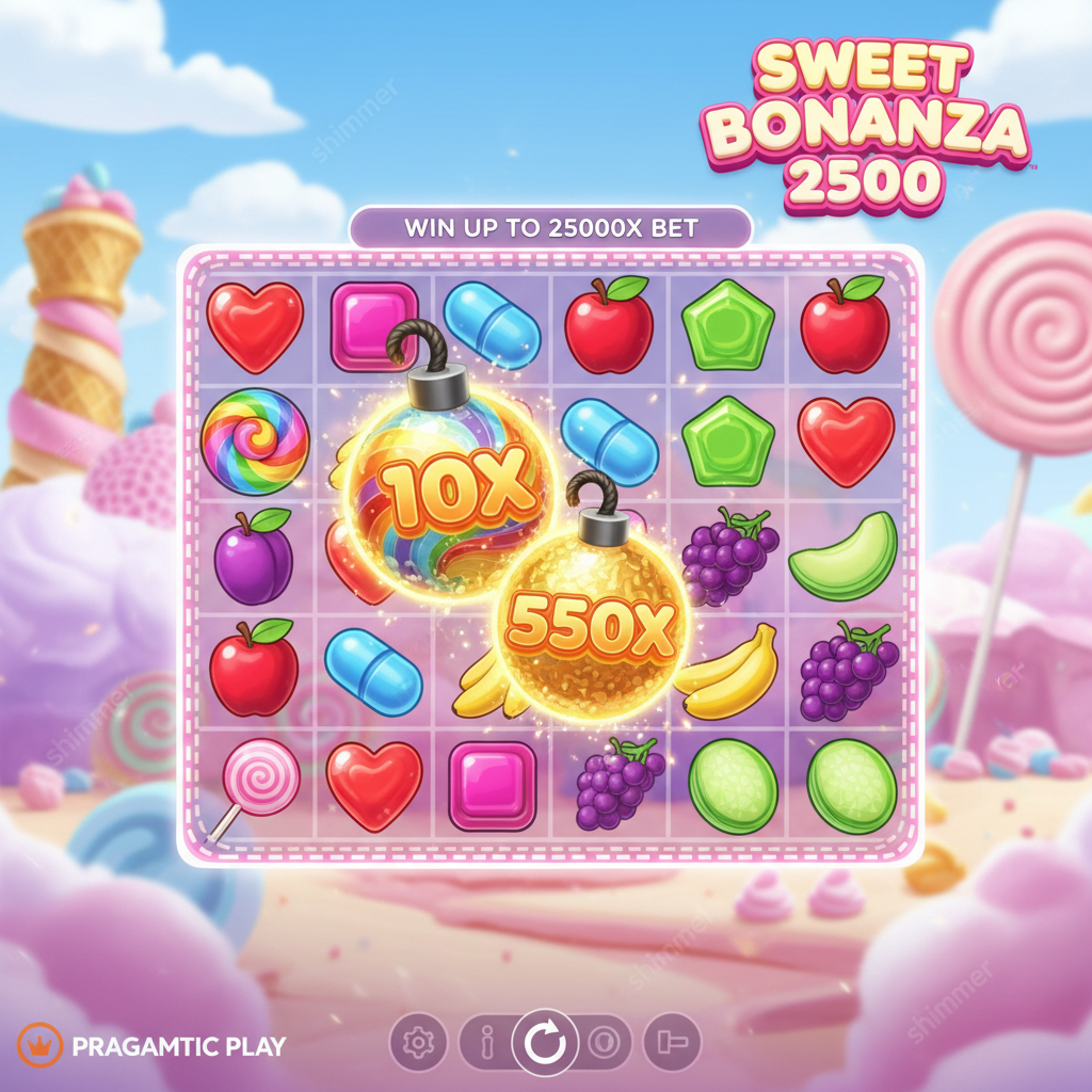 Sweet Bonanza 2500 slot cu grid 6x5 plin de bomboane colorate, fructe și simboluri multiplicator aurii pe fundal roz cu acadele și nuanțe pastel
