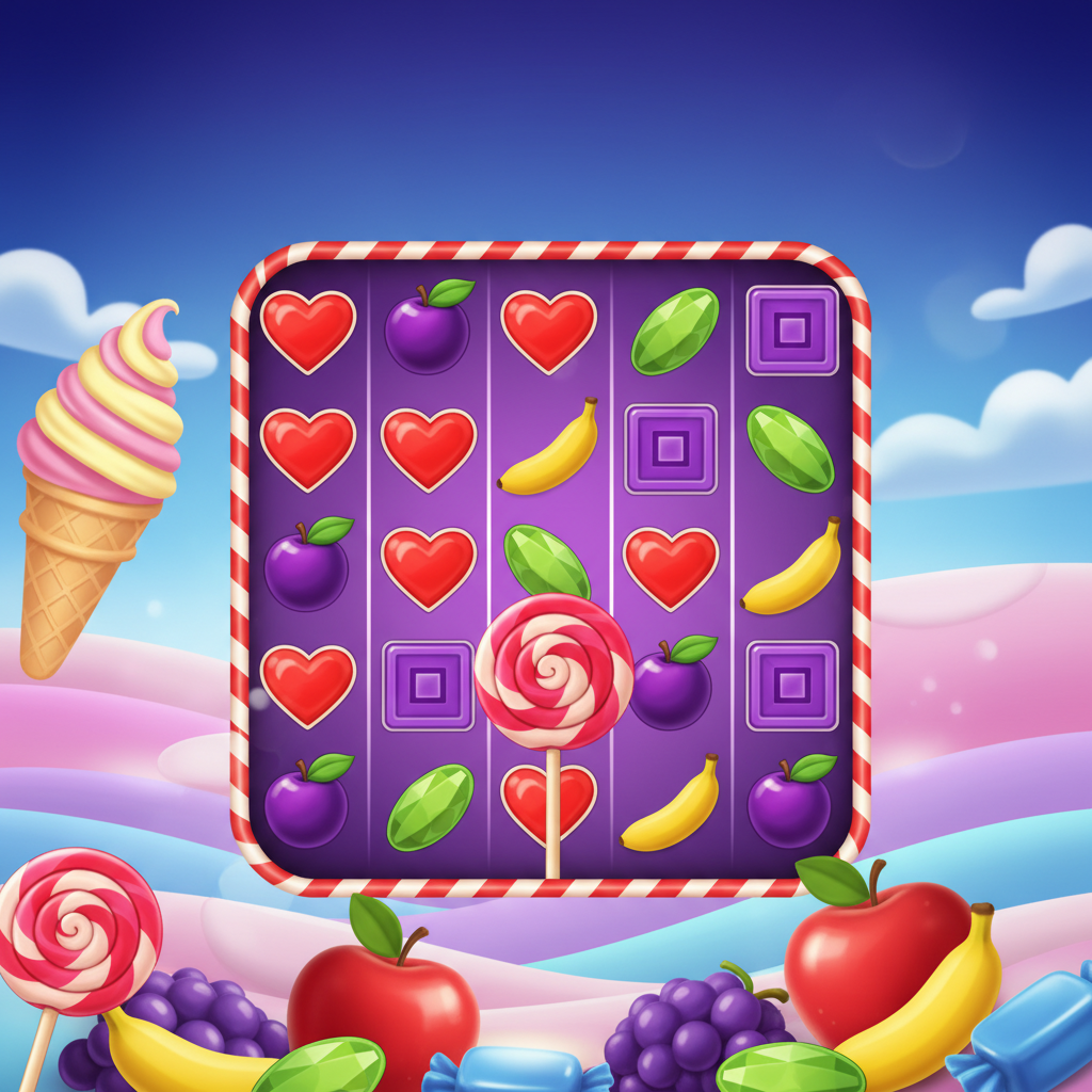 Sweet Bonanza slot cu bomboane colorate, acadele spiralate, fructe și simboluri de dulciuri pe fundal de dealuri candy