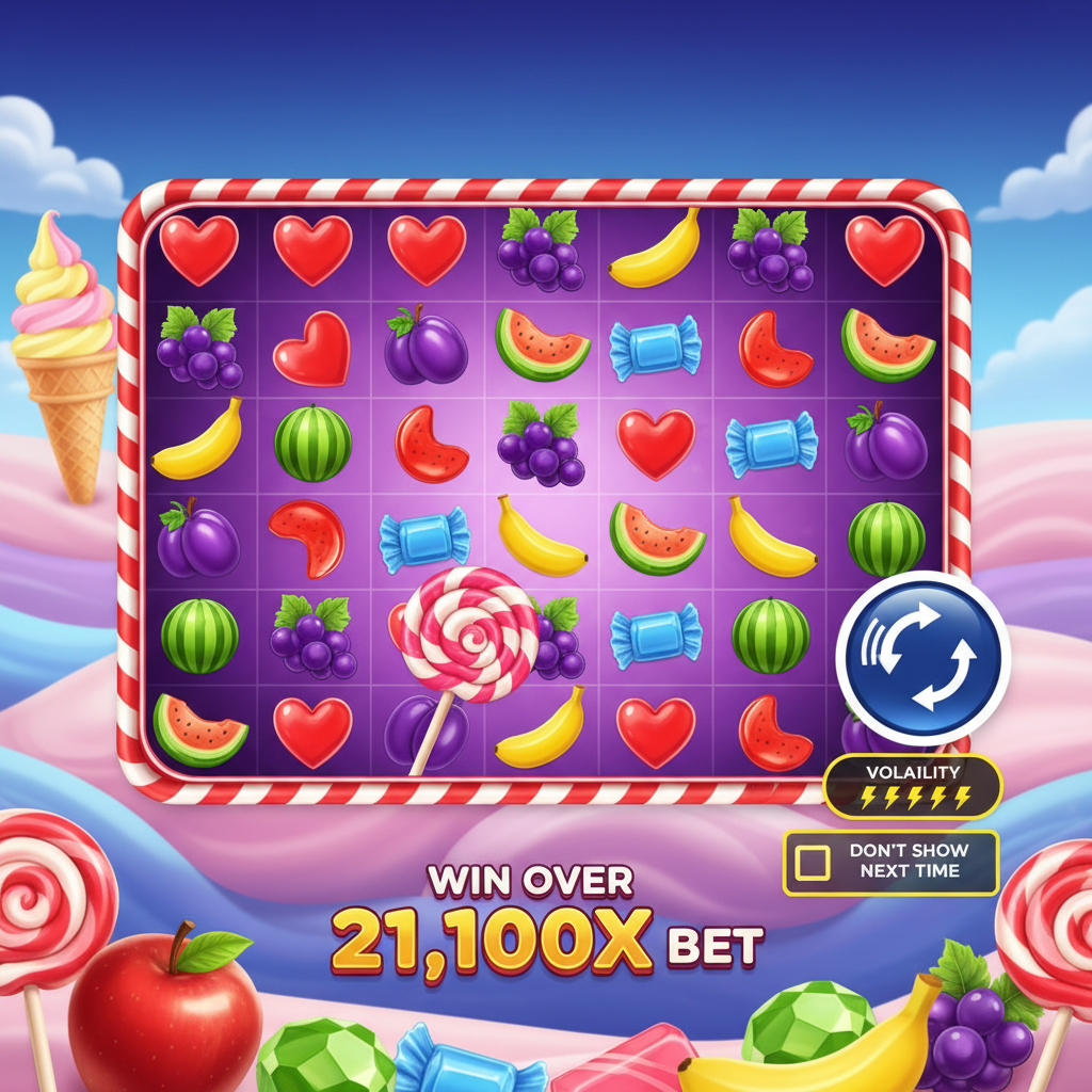 Sweet Bonanza slot cu bomboane colorate, fructe, lollipop scatter roz spiralat și multiplicatori până la 100x pe fundal de cer albastru cu dealuri din dulciuri