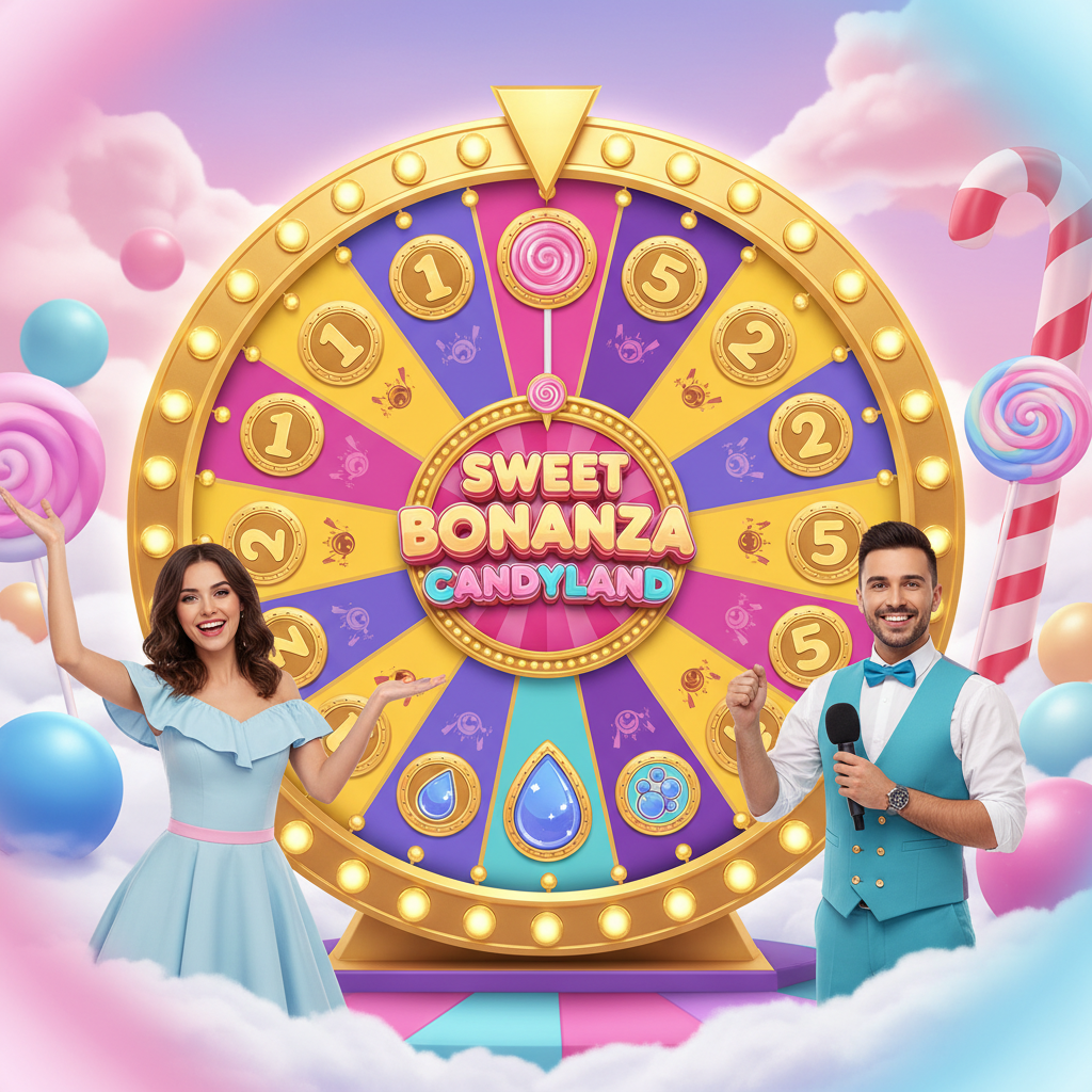 Sweet Bonanza CandyLand roată live casino cu prezentatoare, segmente numerotate 1 2 5, bonusuri Sweet Spins Candy Drop Bubble Surprise și Sugar Bomb în studio tematic dulciuri