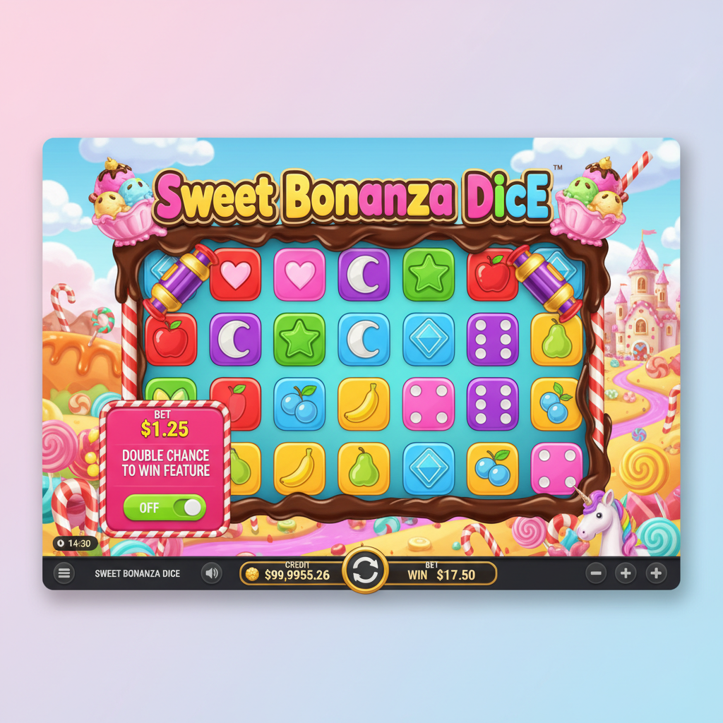 Sweet Bonanza Dice slot cu zaruri colorate în tema bomboanelor dulci, grilă 6x5 cu simboluri inimă, lună, stele și fructe