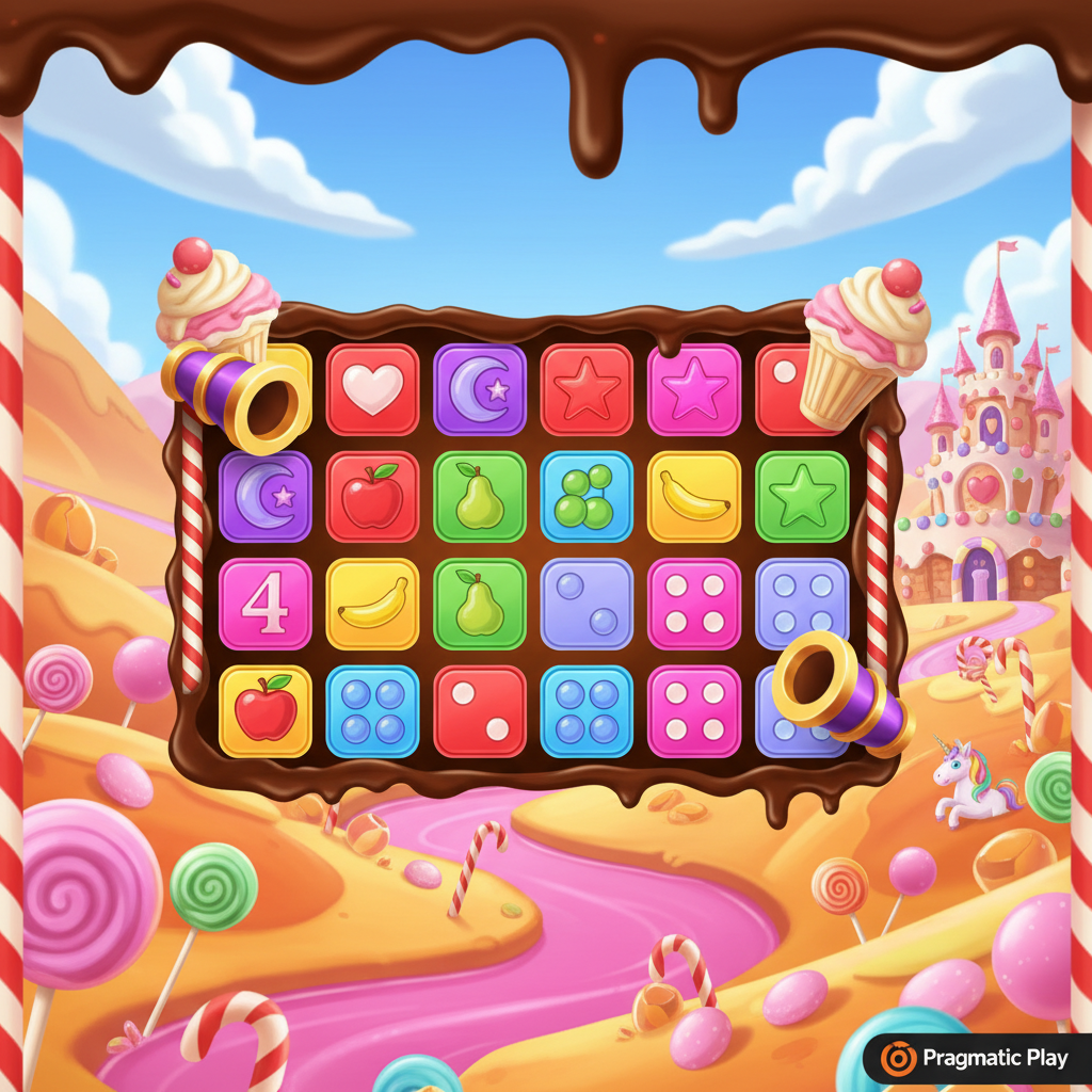 Sweet Bonanza Dice slot Pragmatic Play cu grila 6x5 zaruri colorate, simboluri fructe dulciuri, tunuri scatter violet auriu și fundal tărâm dulce cu acadele și castel turta dulce