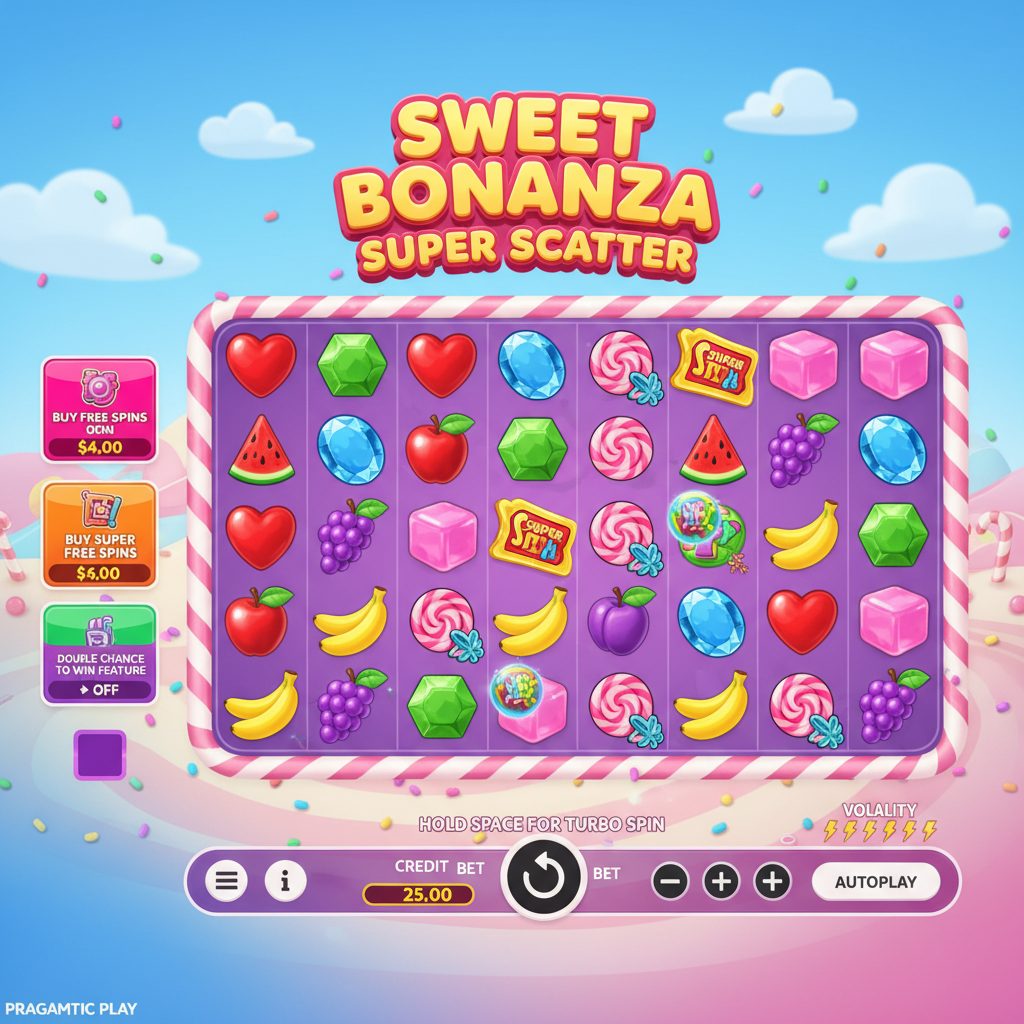 Sweet Bonanza Super Scatter slot cu bomboane și fructe colorate, simboluri acadele spiralate, grid 6x5 cu funcție tumble