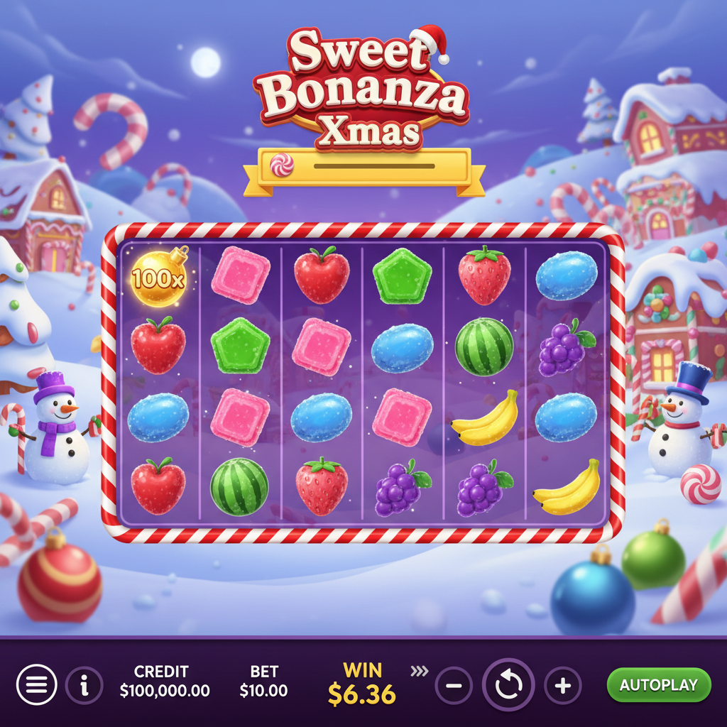 Sweet Bonanza Xmas slot cu bomboane de Crăciun, fructe cu zăpadă, acadele și lollipop scatter pe grid 6x5