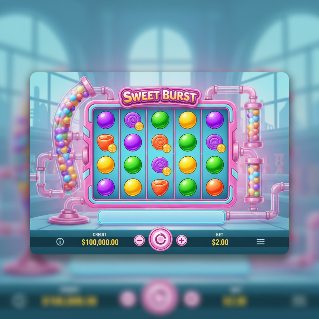 Sweet Burst slot: laborator de bomboane cu sticle colorate, simboluri de fructe și dulciuri, tuburi roz și fundal turcoaz