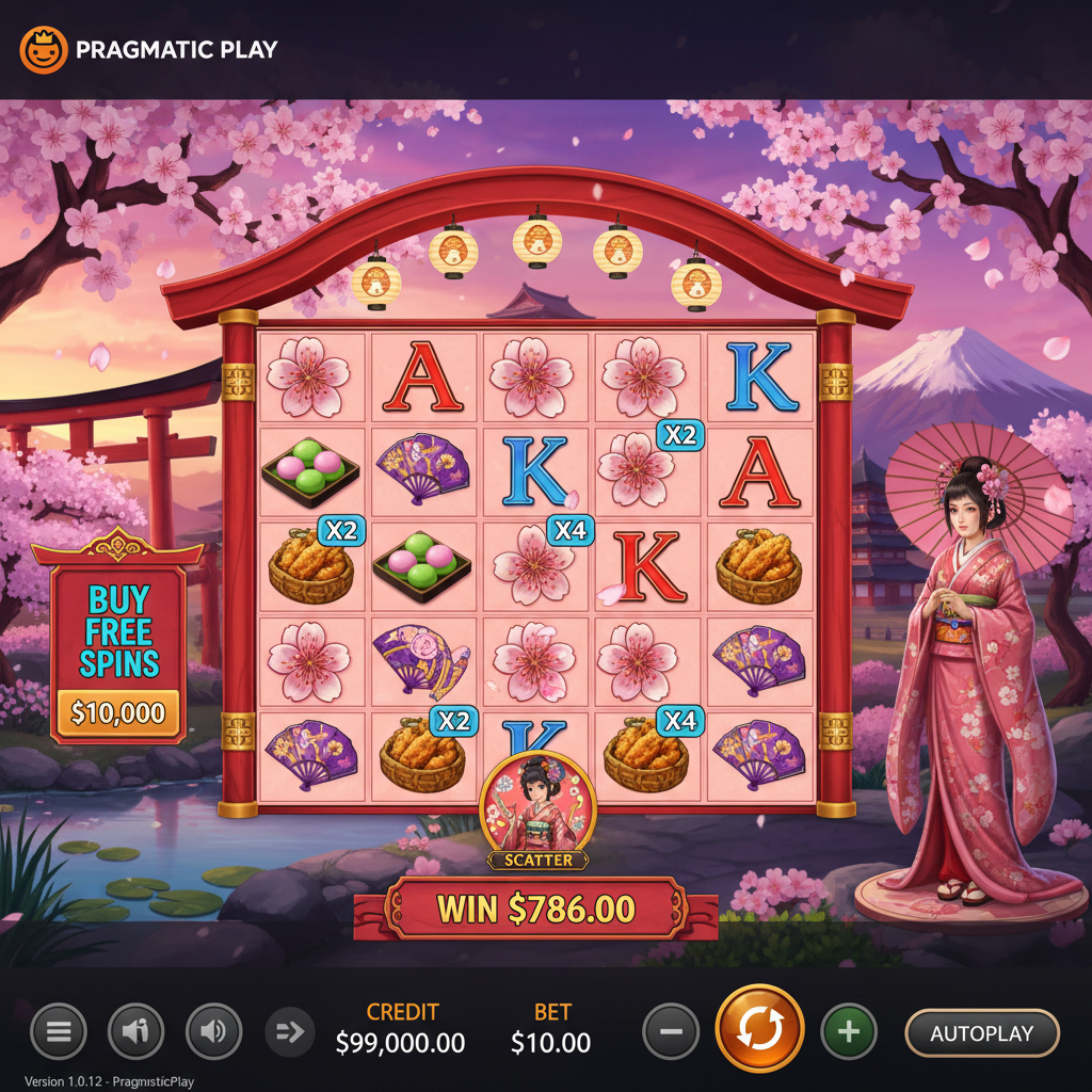 Sweet Cherry Blossom slot cu grila 7x7, peisaj japonez cu flori de cireș sakura, fată anime în kimono roz, simbol scatter și simboluri tematice