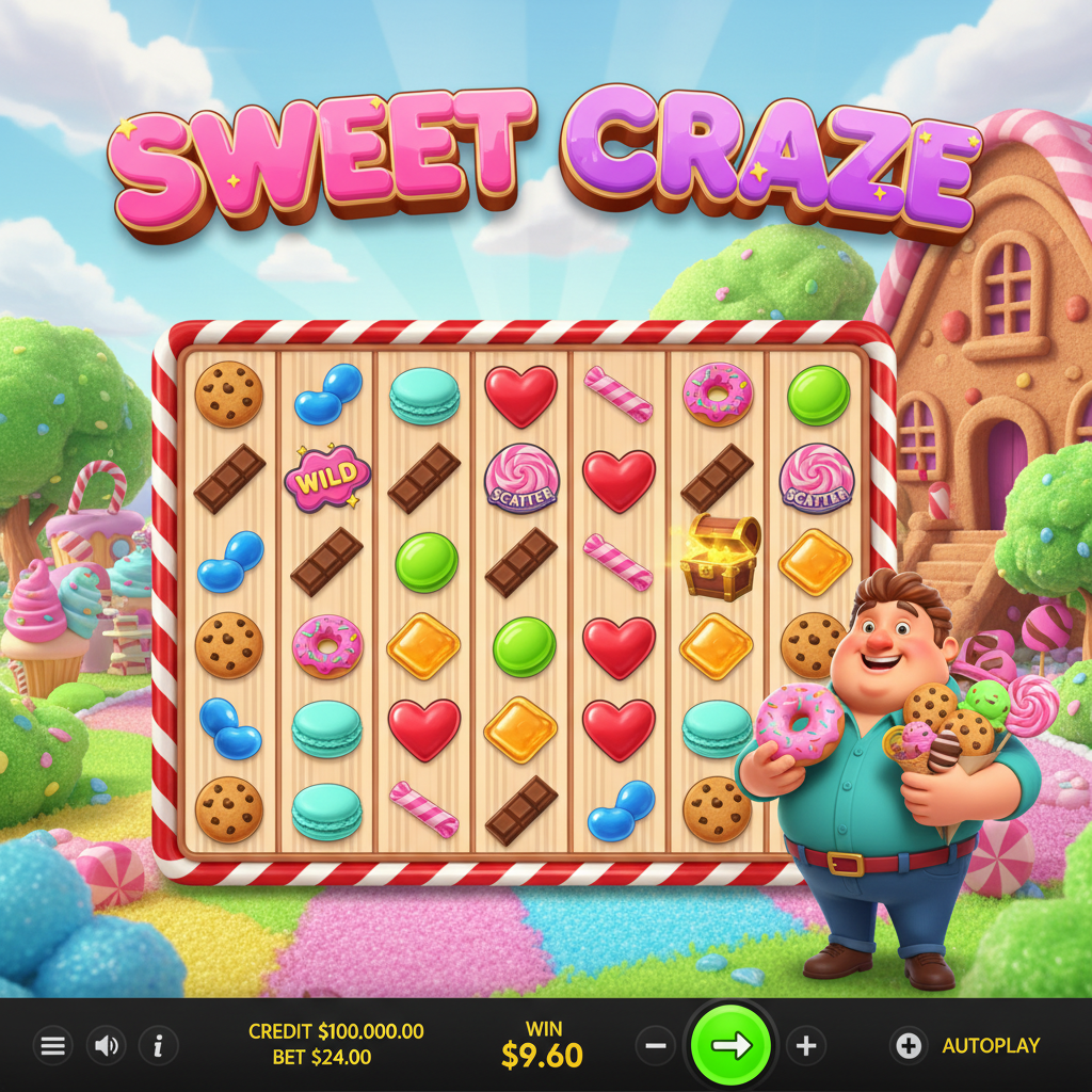Sweet Craze slot Pragmatic Play, grilă 7x7 cu dulciuri colorate, simboluri Cookie, Donut roz, Macaron albastru, personaj mascotă cu gogoașă, fundal sat de bomboane