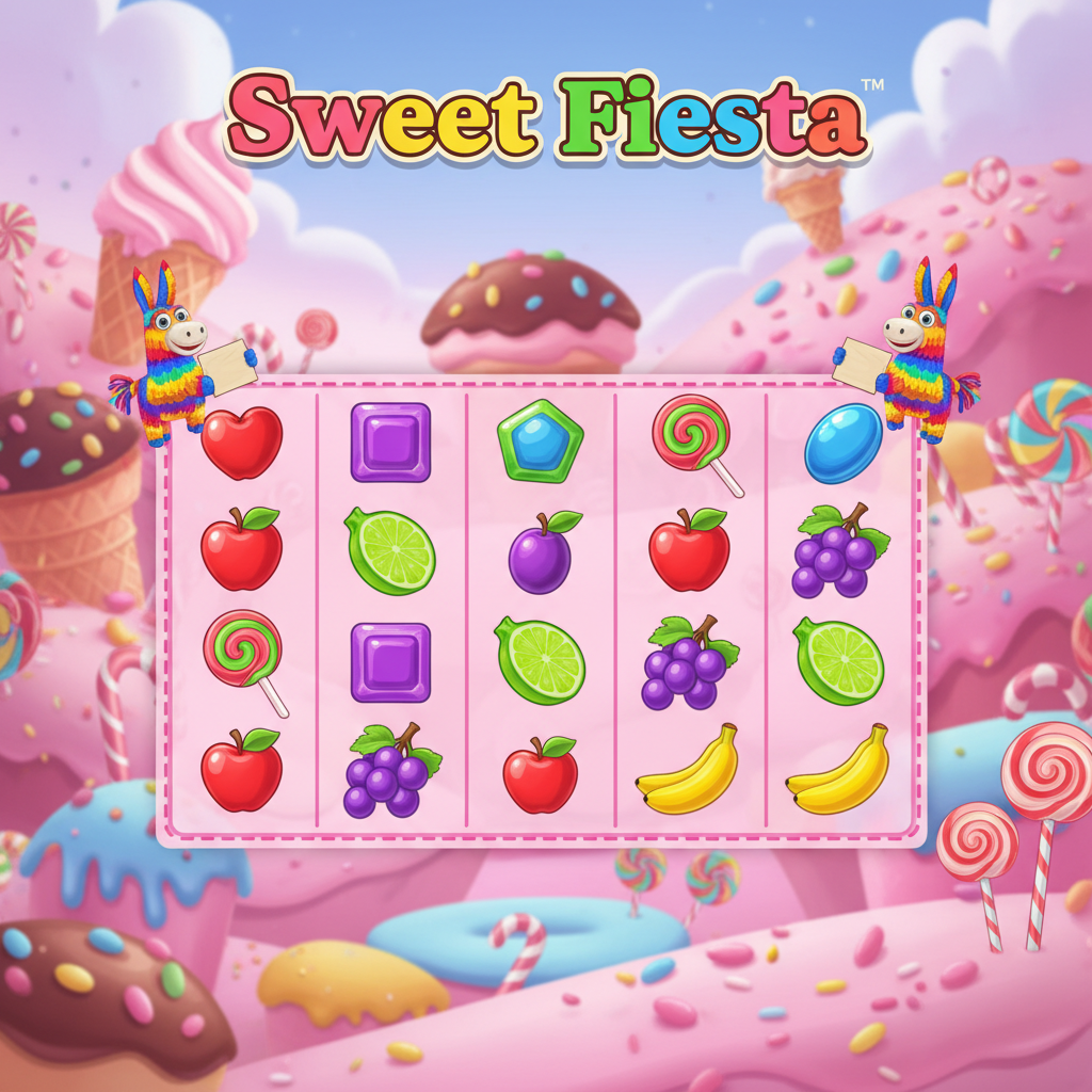 Sweet Fiesta slot Pragmatic Play cu bomboane colorate, fructe, lollipop scatter și personaj piñata multiplicator pe fundalul unui tărâm dulce roz și albastru
