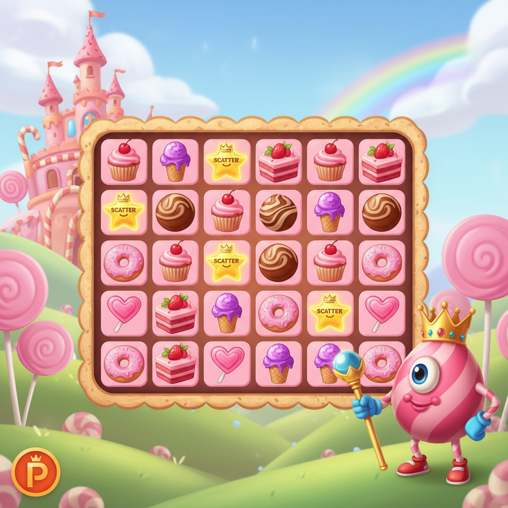 Sweet Kingdom slot 7x7 cu dulciuri colorate, castel roz din bomboane, simbol scatter stelă aurie și mascota regele bomboană