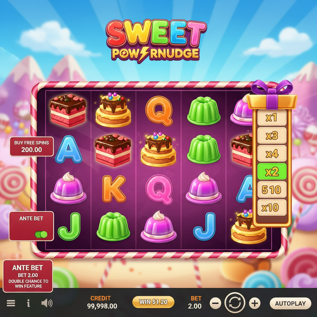 Sweet PowerNudge slot Pragmatic Play cu bomboane colorate, prăjituri, simboluri cluster pays și rulou multiplicator